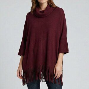 Terre Bleue Womens Medium Pull Over Cowl Neck Fringe Sweater Burgundy Red